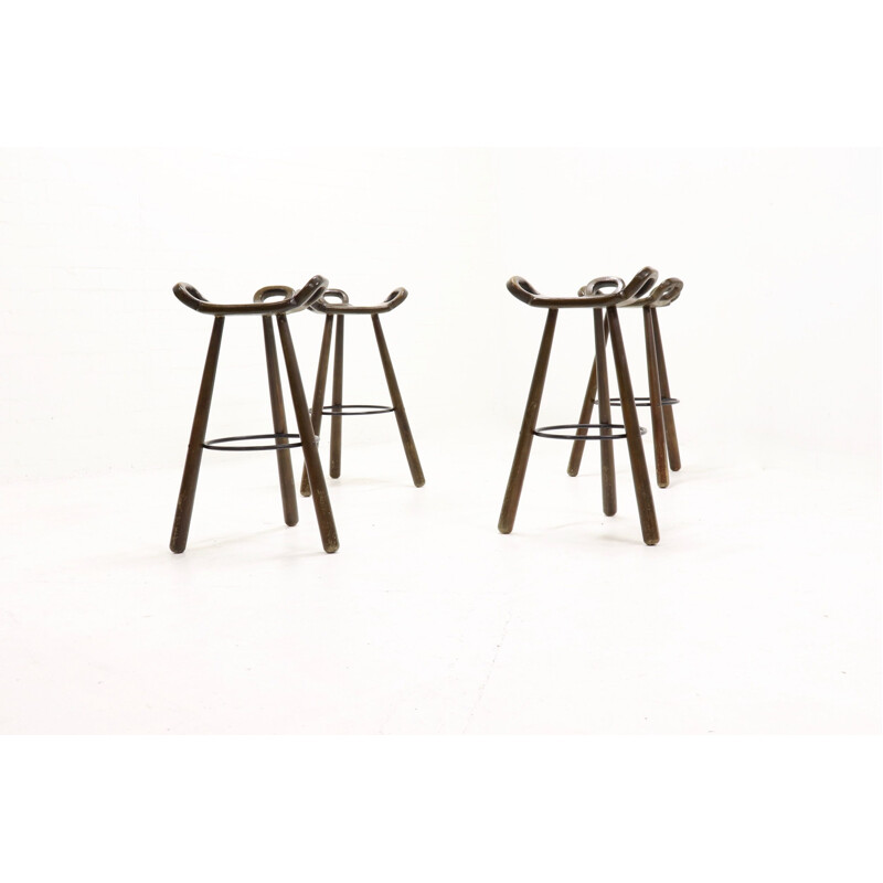 Set of 4 vintage bar stools in oak, Spanish 