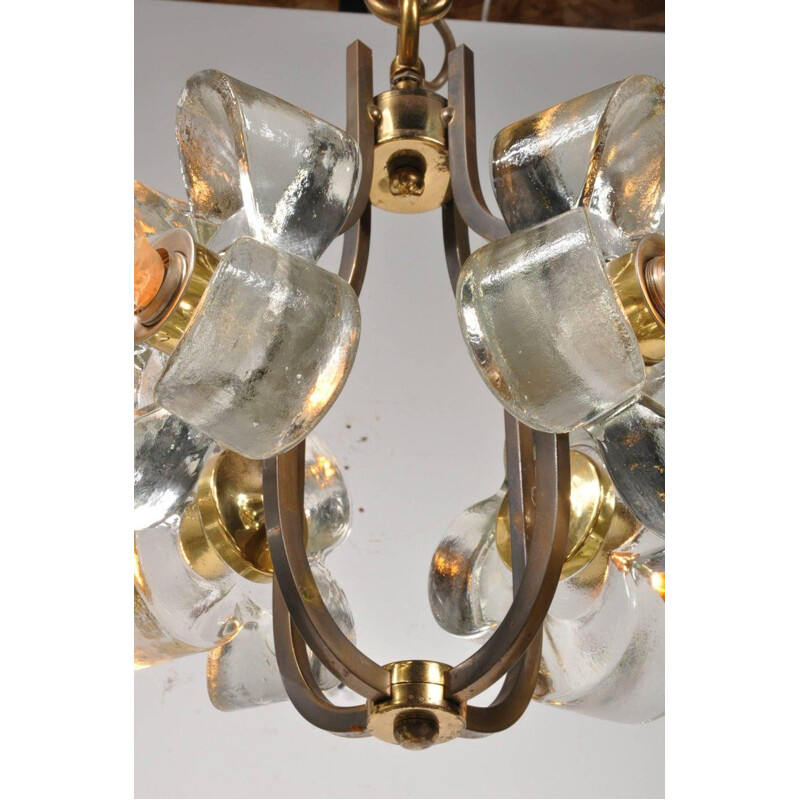 Lampadario italiano d'epoca in ottone e vetro 1960