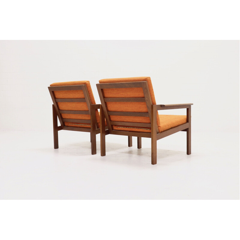 Set of 2 vintage armchairs Capella for Eilersen in teak and orange fabric 1960