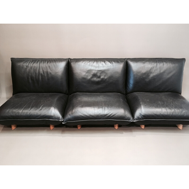 Vintage sofa modular in black leather and wood Italian 1970 
