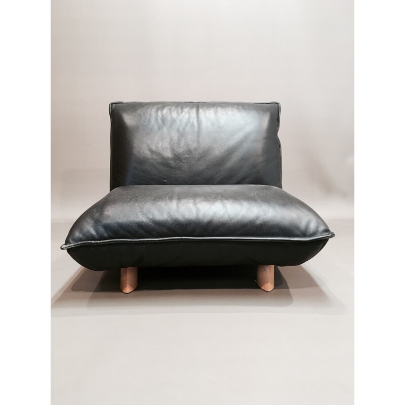 Vintage sofa modular in black leather and wood Italian 1970 