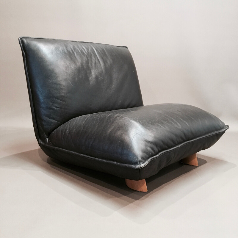 Vintage sofa modular in black leather and wood Italian 1970 