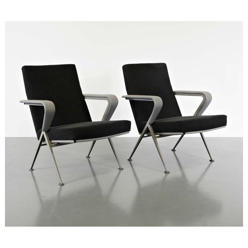 Pair of vintage armchairs Repose for De Cirkel in metal and black leather