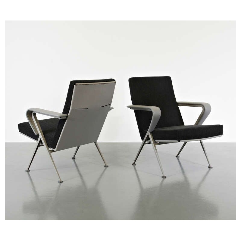 Pair of vintage armchairs Repose for De Cirkel in metal and black leather