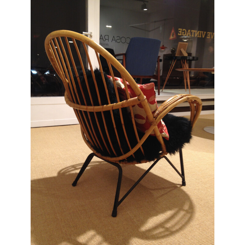 Scandinavian armchair in rattan, metal and sheepskin - 1950s