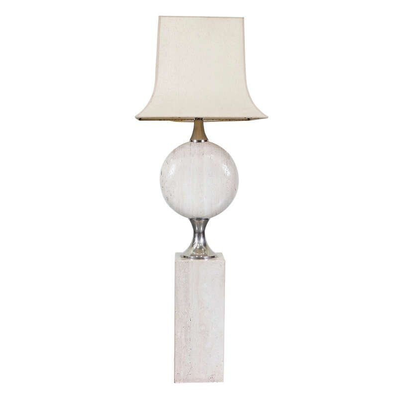 Solid vintage floor lamp with chrome details and travertine base, Paris 1970