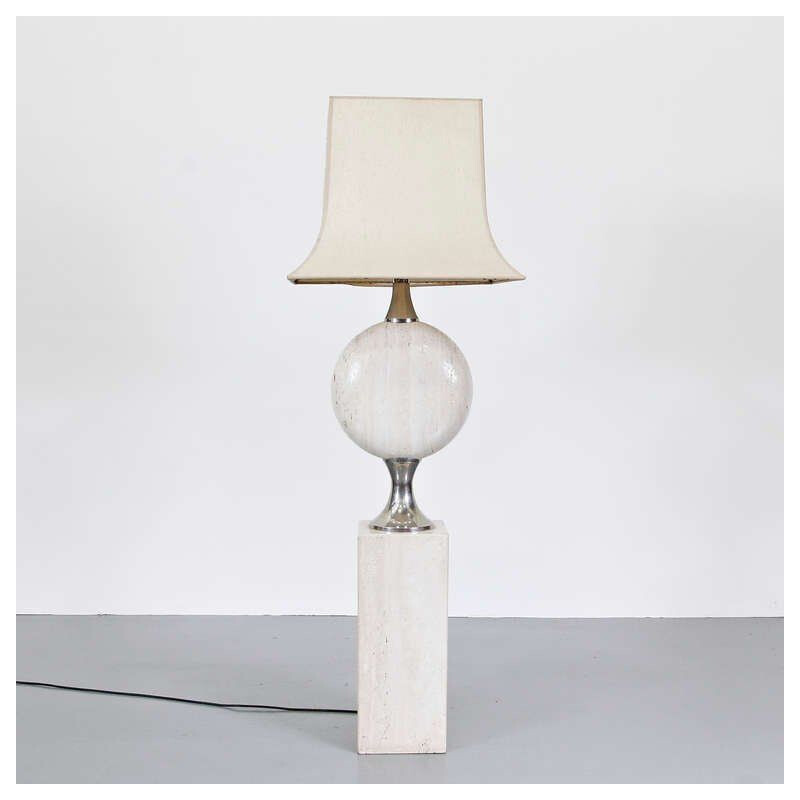 Solid vintage floor lamp with chrome details and travertine base, Paris 1970