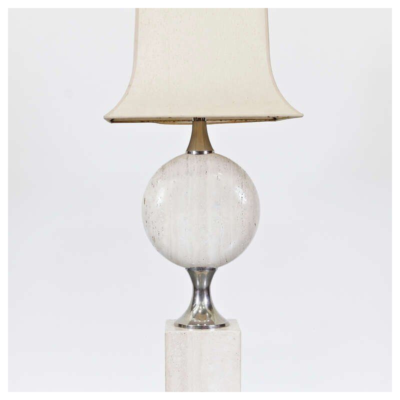 Solid vintage floor lamp with chrome details and travertine base, Paris 1970
