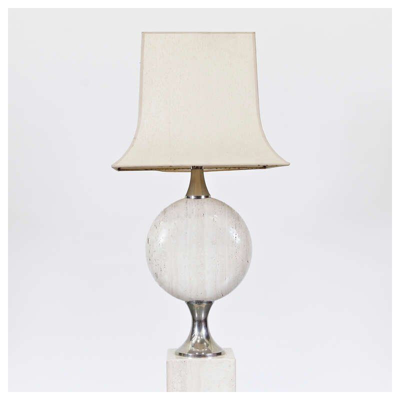 Solid vintage floor lamp with chrome details and travertine base, Paris 1970