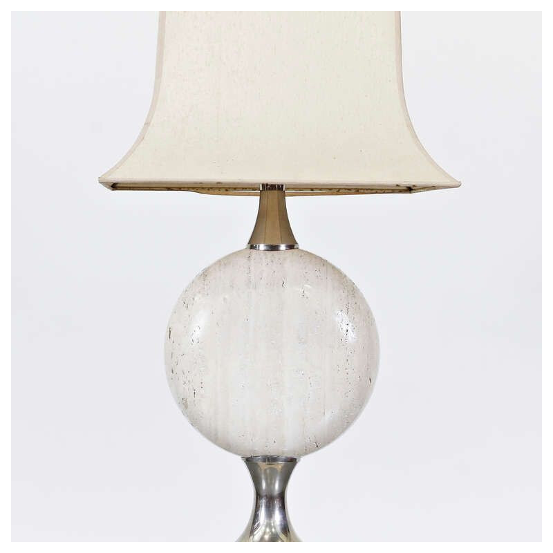 Solid vintage floor lamp with chrome details and travertine base, Paris 1970