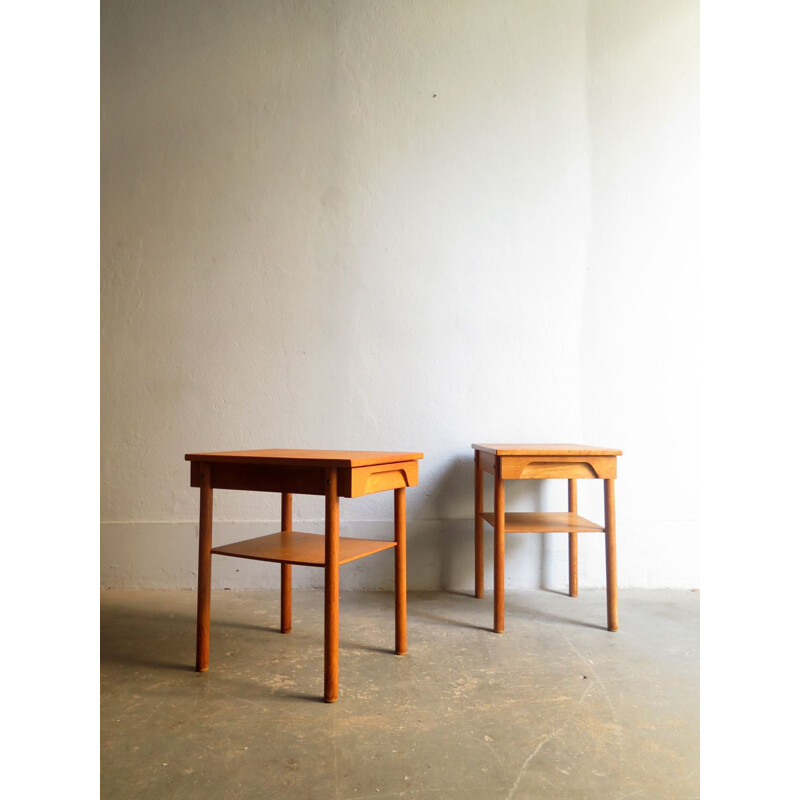 Set of 2 vintage Danish oak bedside table with drawer