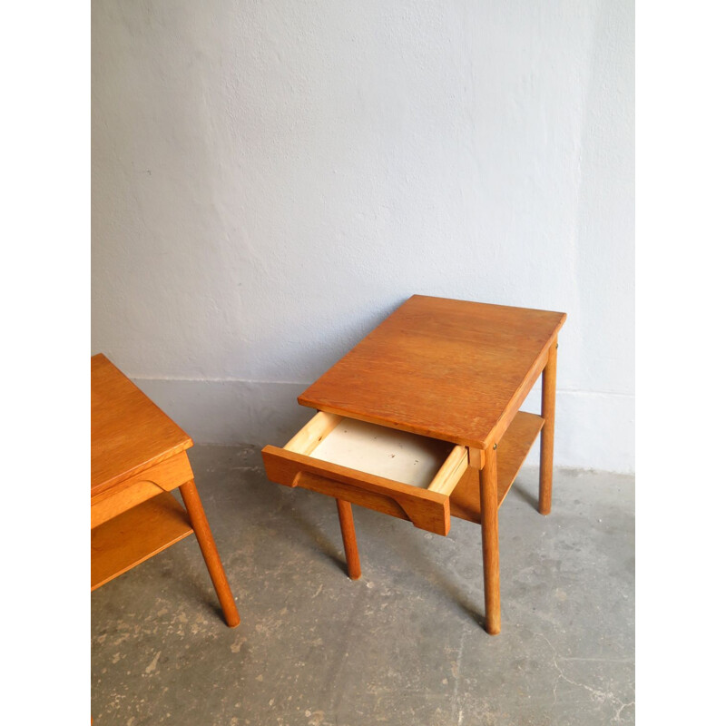 Set of 2 vintage Danish oak bedside table with drawer