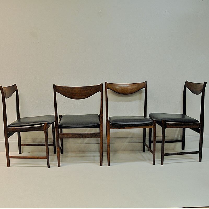 Set of 4 vintage Rosewood chairs with black leather, by Torbjørn Afdal 1960s