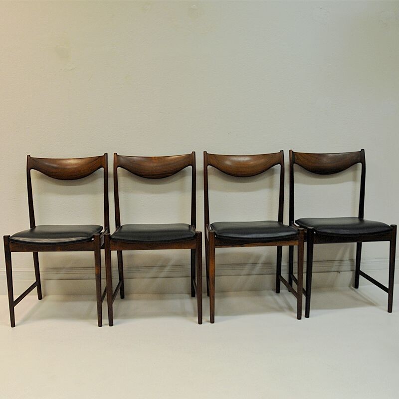 Set of 4 vintage Rosewood chairs with black leather, by Torbjørn Afdal 1960s