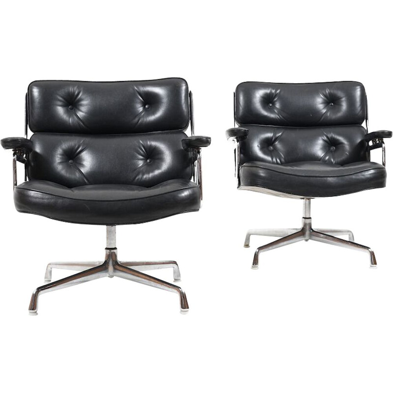 Vintage pair of black leather armchairs by Charles and Ray Eames,1950