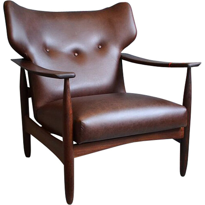 Vintage armchair in teak and brown leather,1960