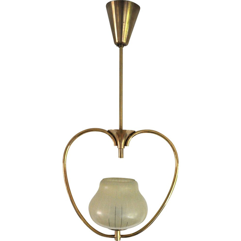 Vintage hanging lamp, in brass and etched glass, 1930s