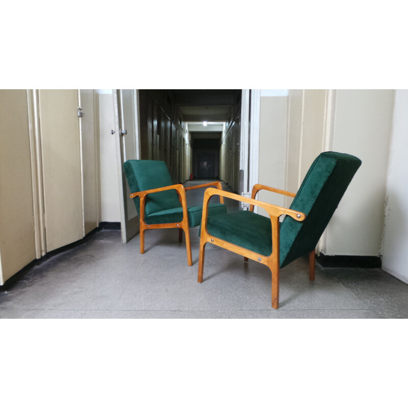 Set of 2 vintage armchairs in green fabric and wood 1960