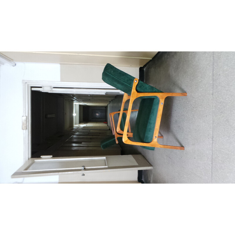 Ensemble de 2 fauteuils vintage en tissu vert et bois 1960