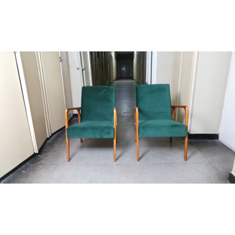 Ensemble de 2 fauteuils vintage en tissu vert et bois 1960