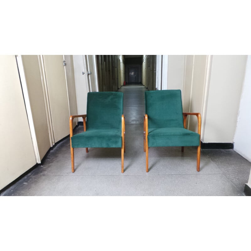 Set of 2 vintage armchairs in green fabric and wood 1960