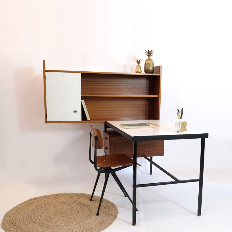 French vintage desk in wood and metal 1960