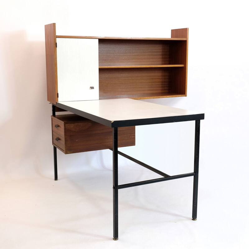 Bureau vintage français en bois et métal 1960