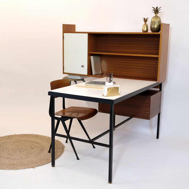 French vintage desk in wood and metal 1960
