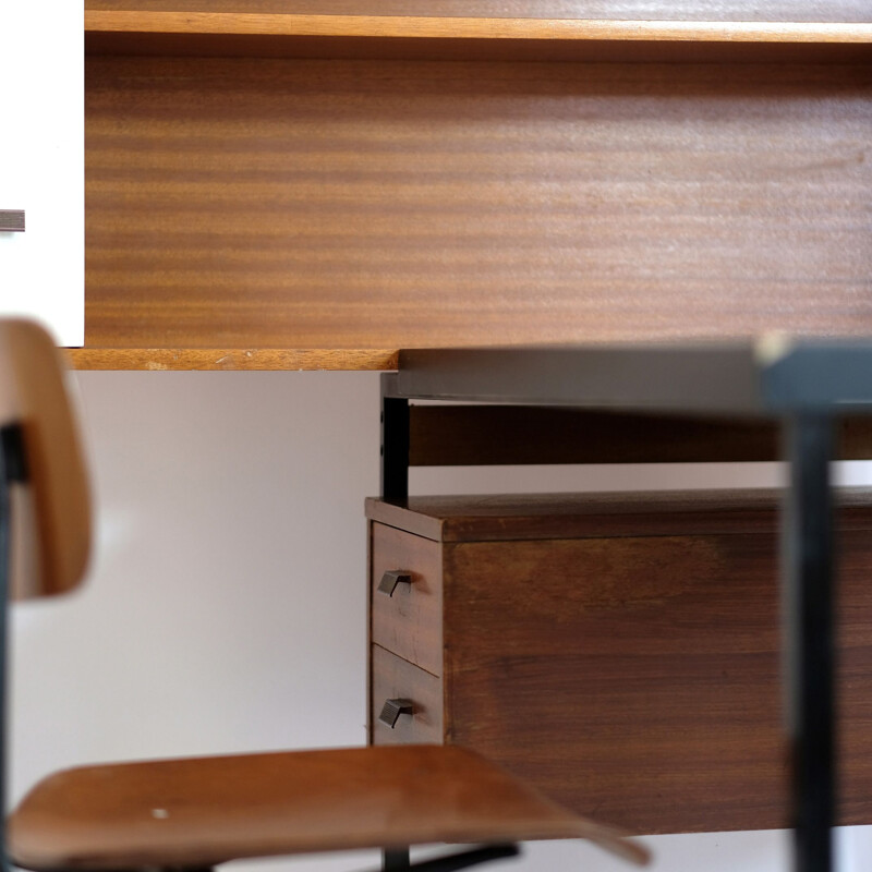 Bureau vintage français en bois et métal 1960