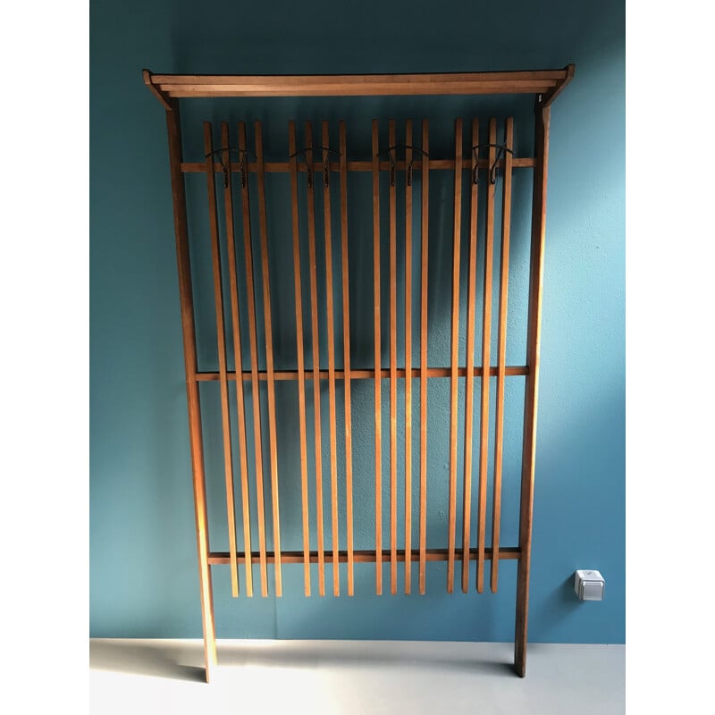 Vintage italian coat rack and bench in wood 1960