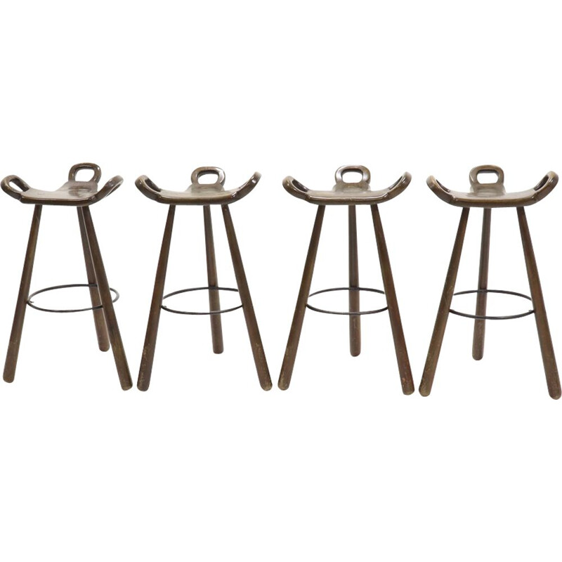 Set of 4 vintage bar stools in oak, Spanish 