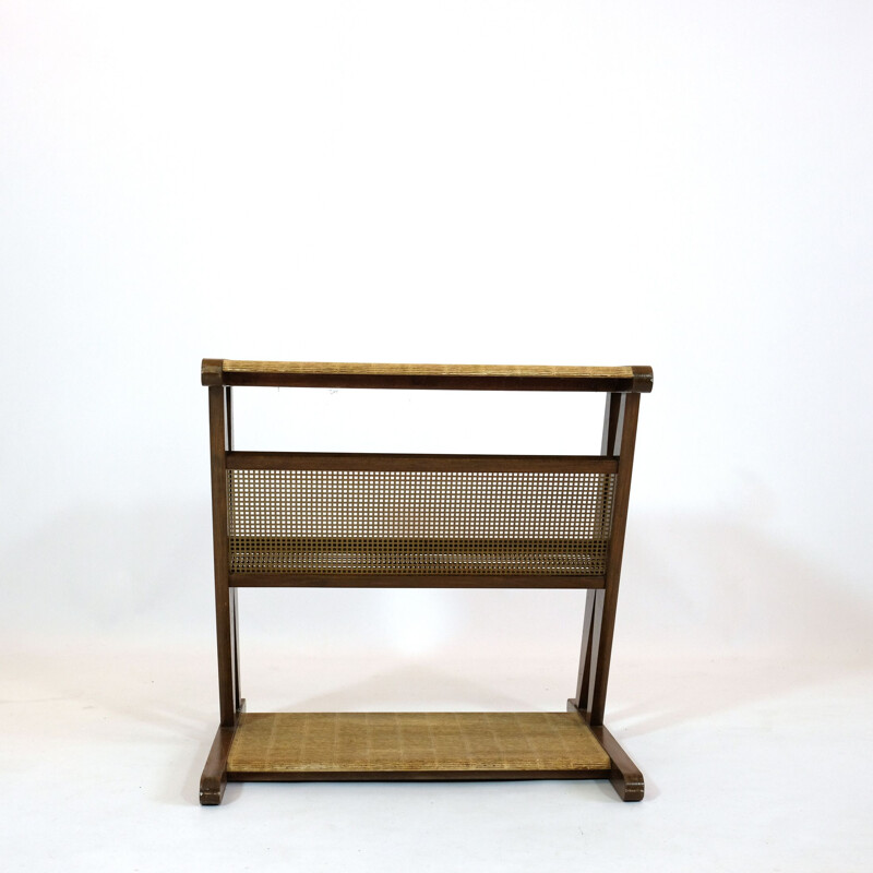 French vintage side table with its magazine rack in wood and brass 