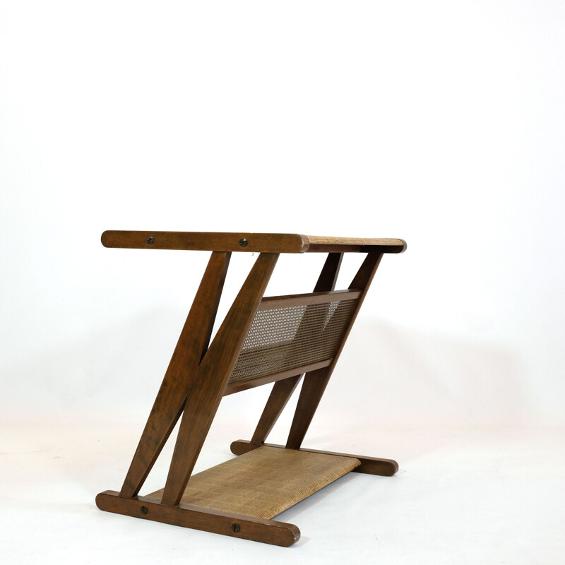 French vintage side table with its magazine rack in wood and brass 