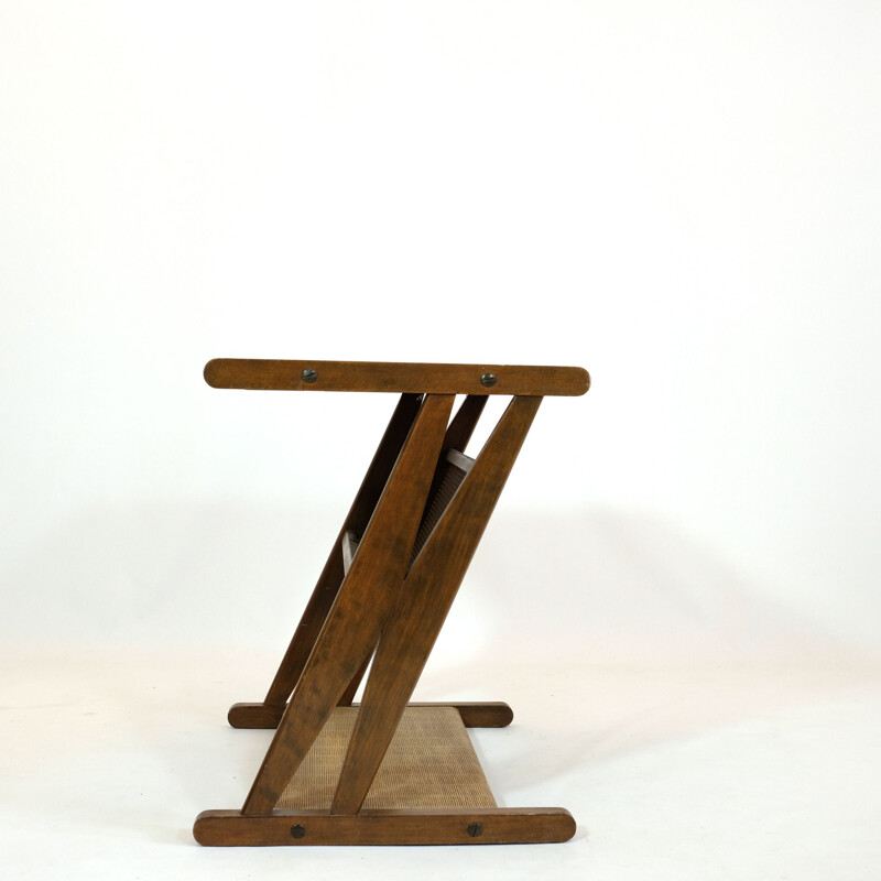 French vintage side table with its magazine rack in wood and brass 