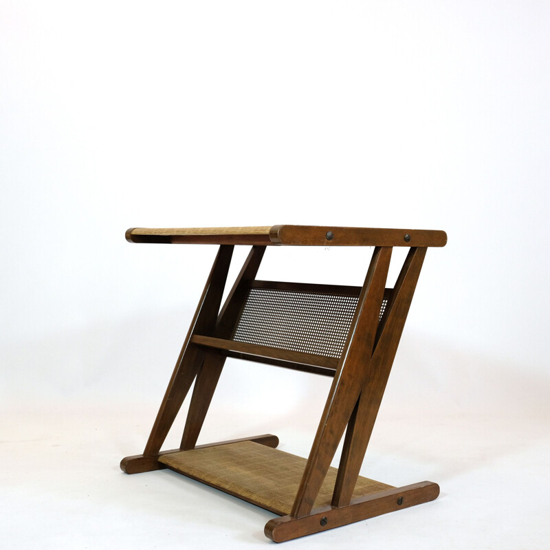 French vintage side table with its magazine rack in wood and brass 