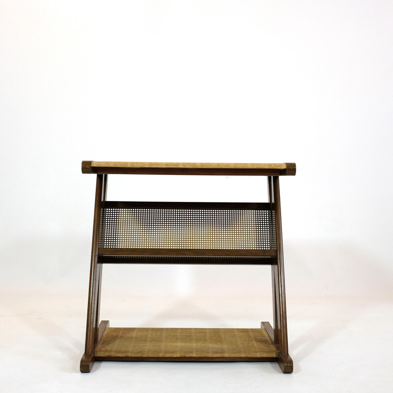 French vintage side table with its magazine rack in wood and brass 