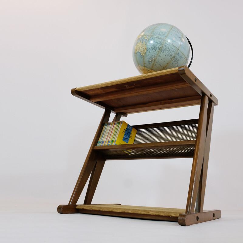 French vintage side table with its magazine rack in wood and brass 