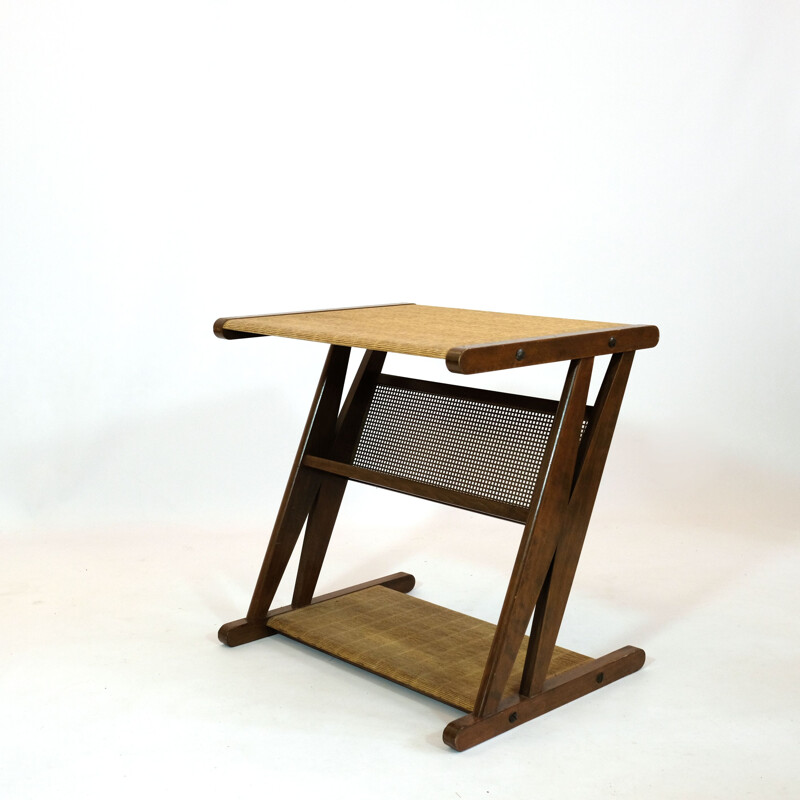 French vintage side table with its magazine rack in wood and brass 