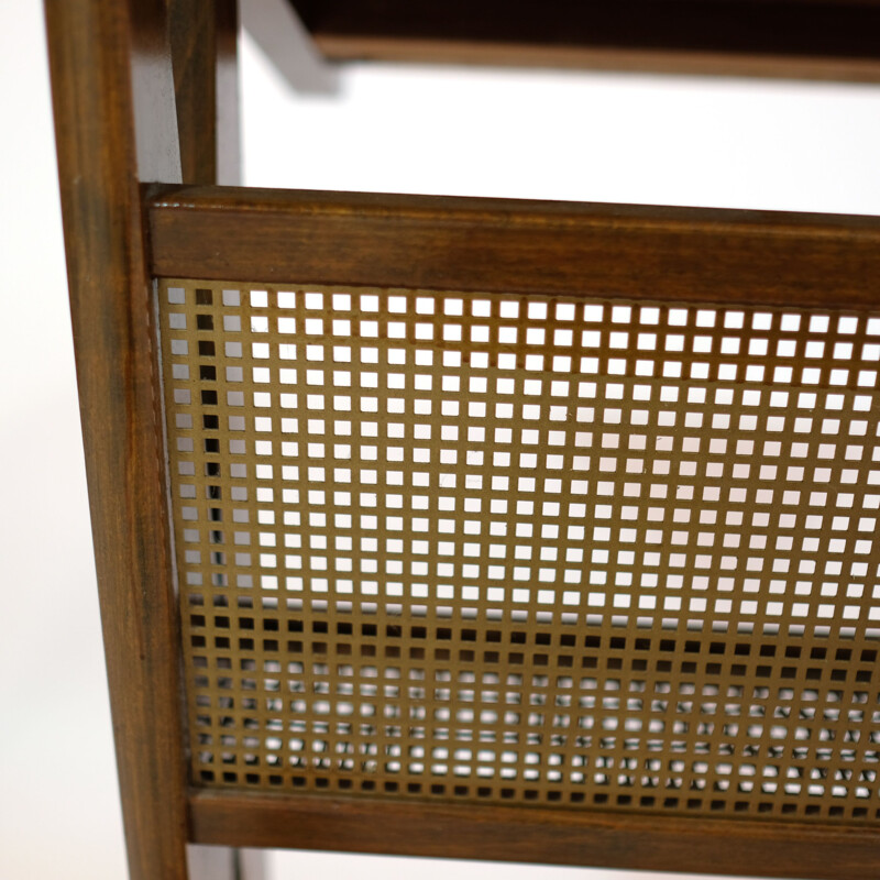 French vintage side table with its magazine rack in wood and brass 