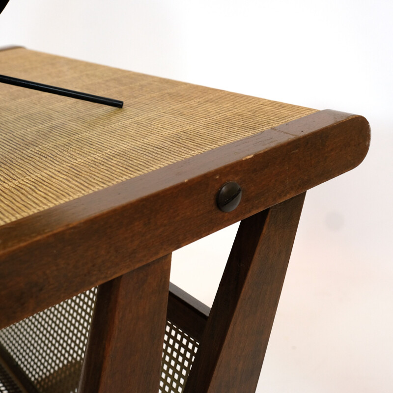 French vintage side table with its magazine rack in wood and brass 