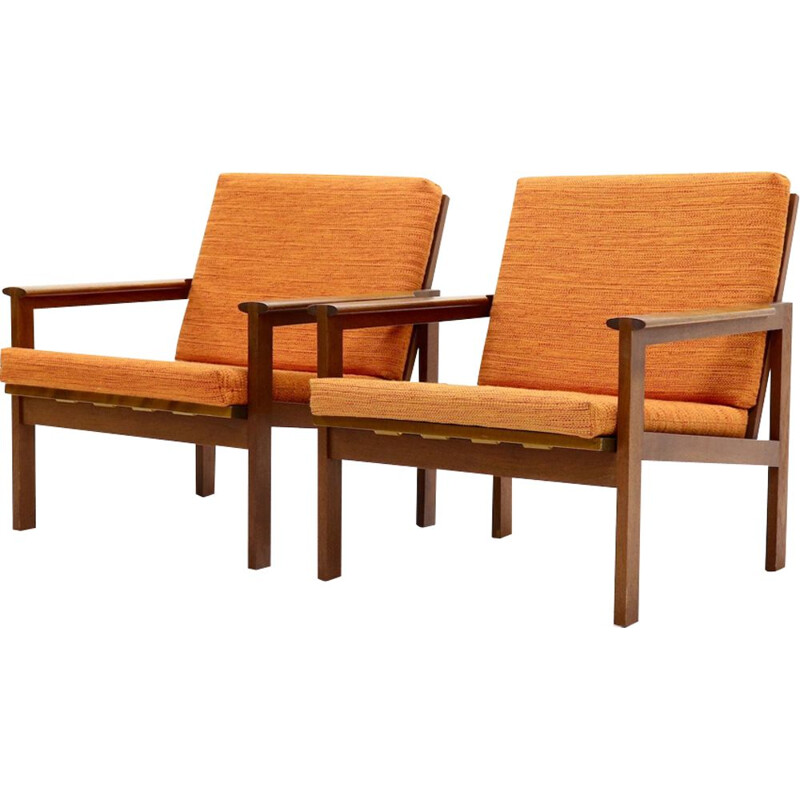 Set of 2 vintage armchairs Capella for Eilersen in teak and orange fabric 1960