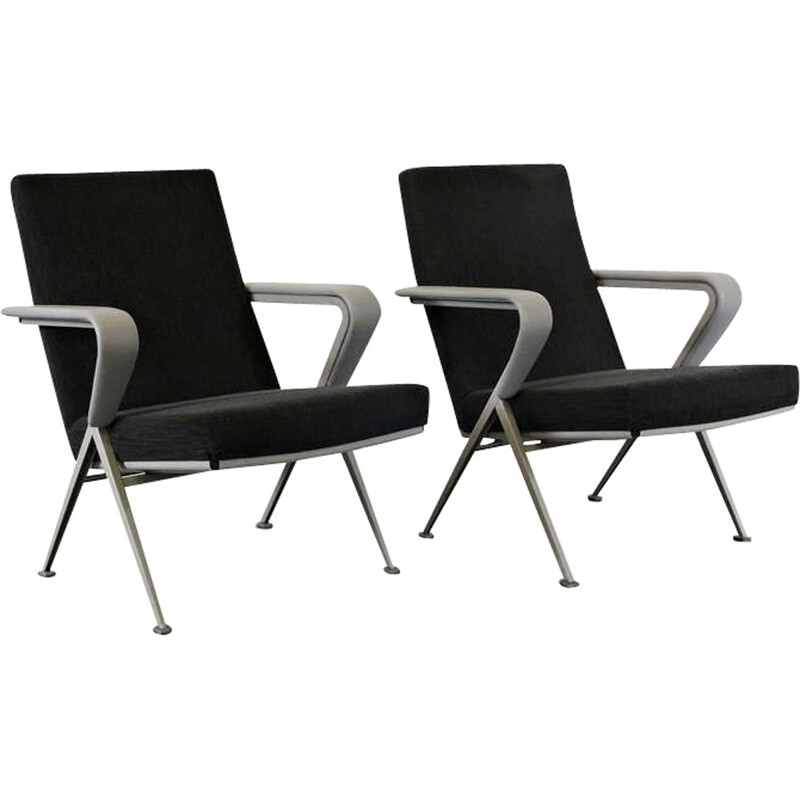 Pair of vintage armchairs Repose for De Cirkel in metal and black leather