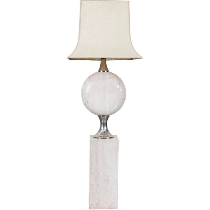 Solid vintage floor lamp with chrome details and travertine base, Paris 1970