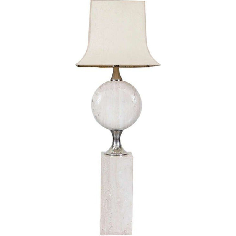 Solid vintage floor lamp with chrome details and travertine base, Paris 1970