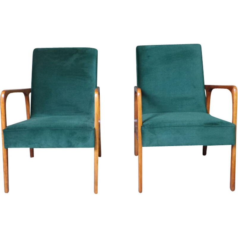 Set of 2 vintage armchairs in green fabric and wood 1960