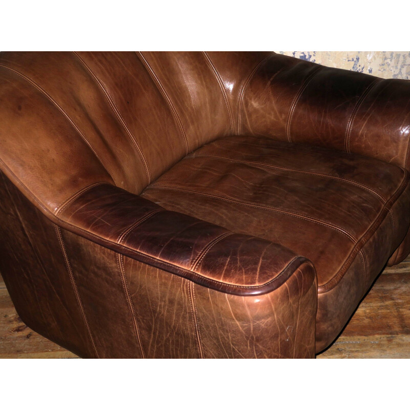 Fauteuil vintage et ottoman en cuir vintage modèle De Sede DS44,1960