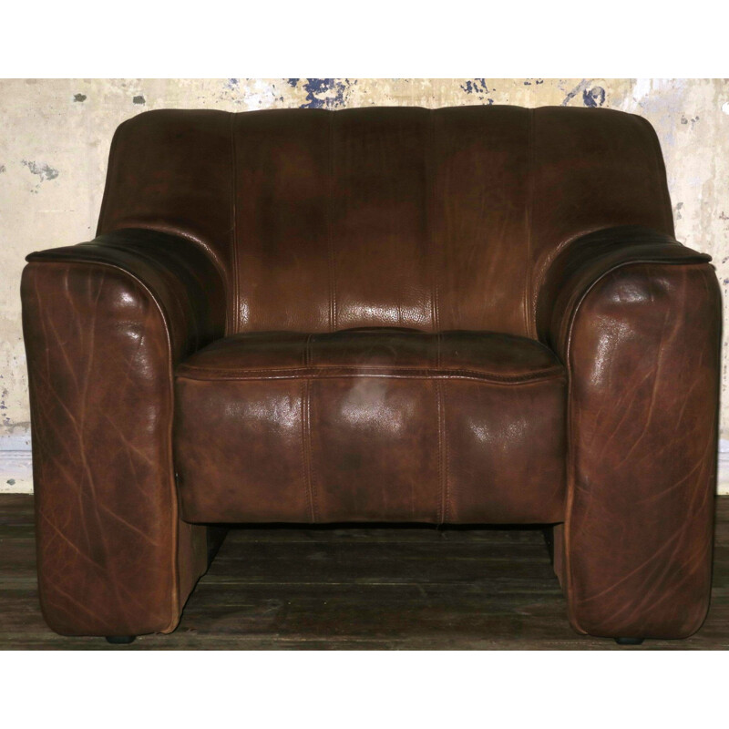 Fauteuil vintage et ottoman en cuir vintage modèle De Sede DS44,1960