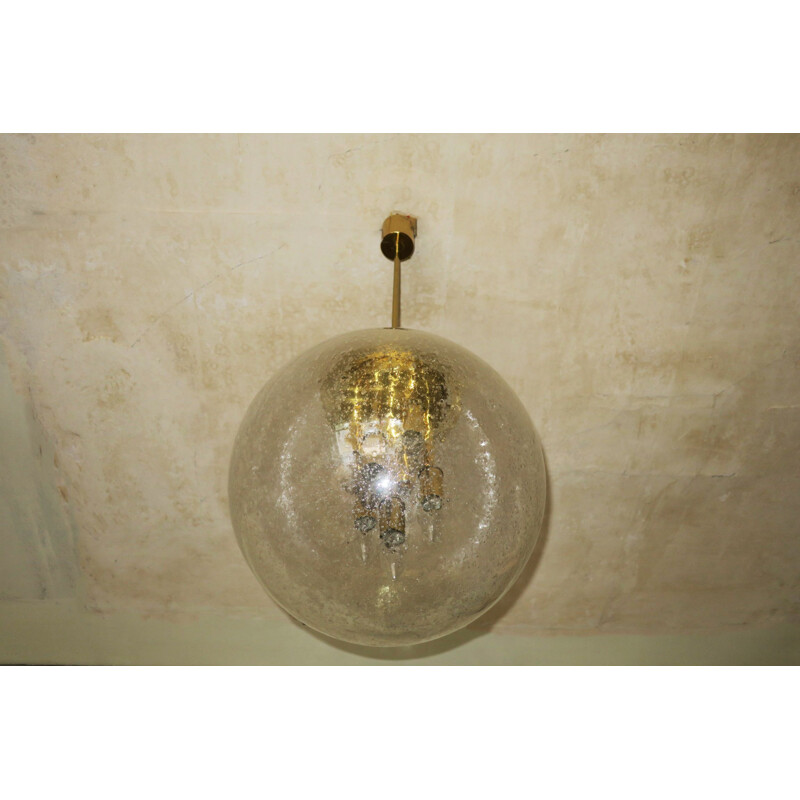 Vintage Large Frosted  and Brass globe pendant light by Doria Leuchten,1960