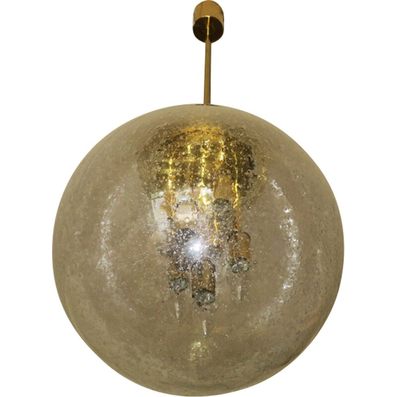 Vintage Large Frosted  and Brass globe pendant light by Doria Leuchten,1960