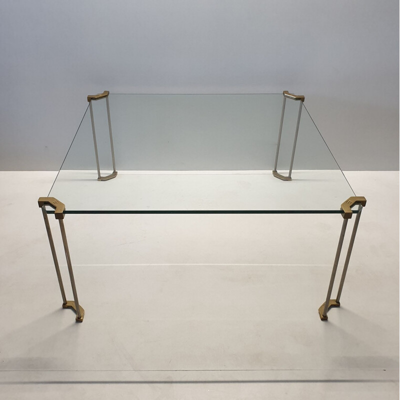 Vintage coffee table square brass and glass by Peter Ghyczy for Ghyczy, 1970s